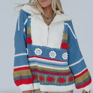 POL Opal Patterned Pullover Quarter Zip Sweater in Blue Multi Sz S Cottagecore